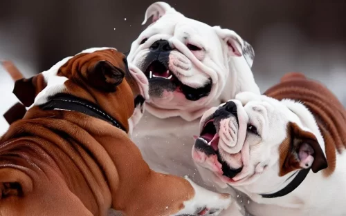 A group of bulldogs playing in the snow