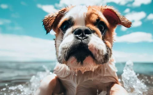 A bulldog splashing in the sea