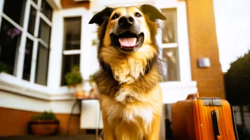 A smiling dog sat outside their new home with a suitcase