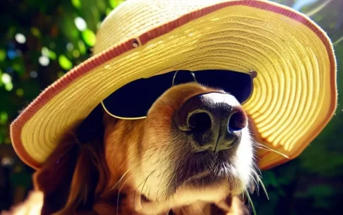 A dog wearing a sun hat and shades